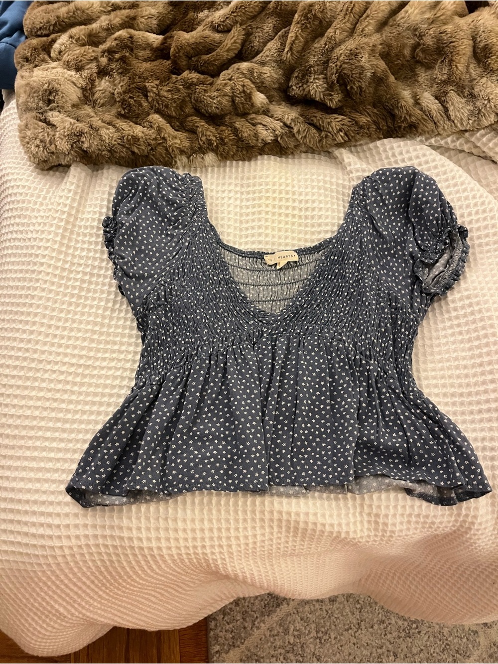 La Hearts Navy Smocked V-Neck Peplum Top with White Micro Dots